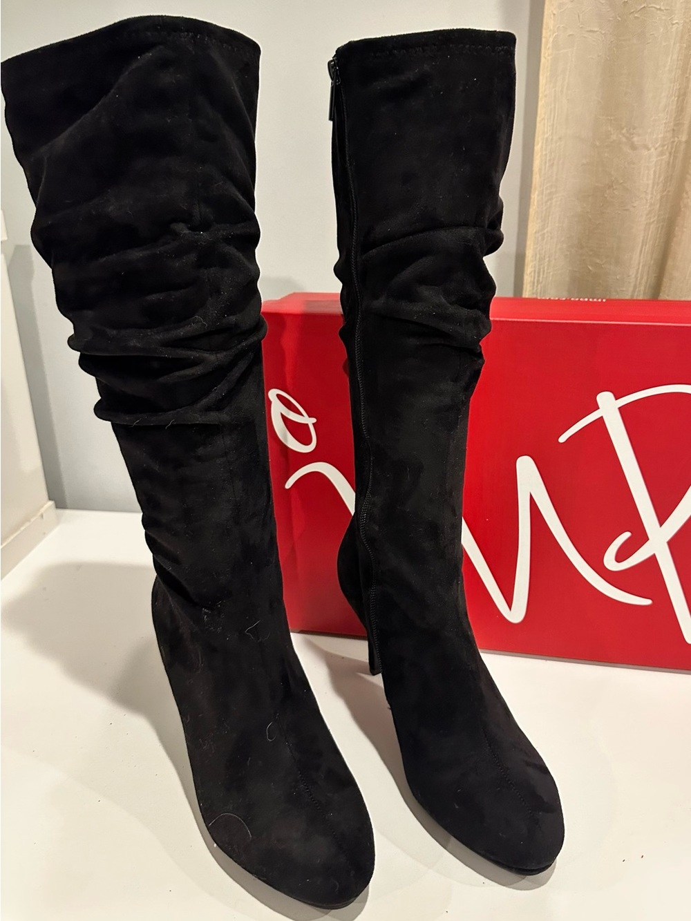 Impo Black Knee-High Slouch Suede Heeled Boots